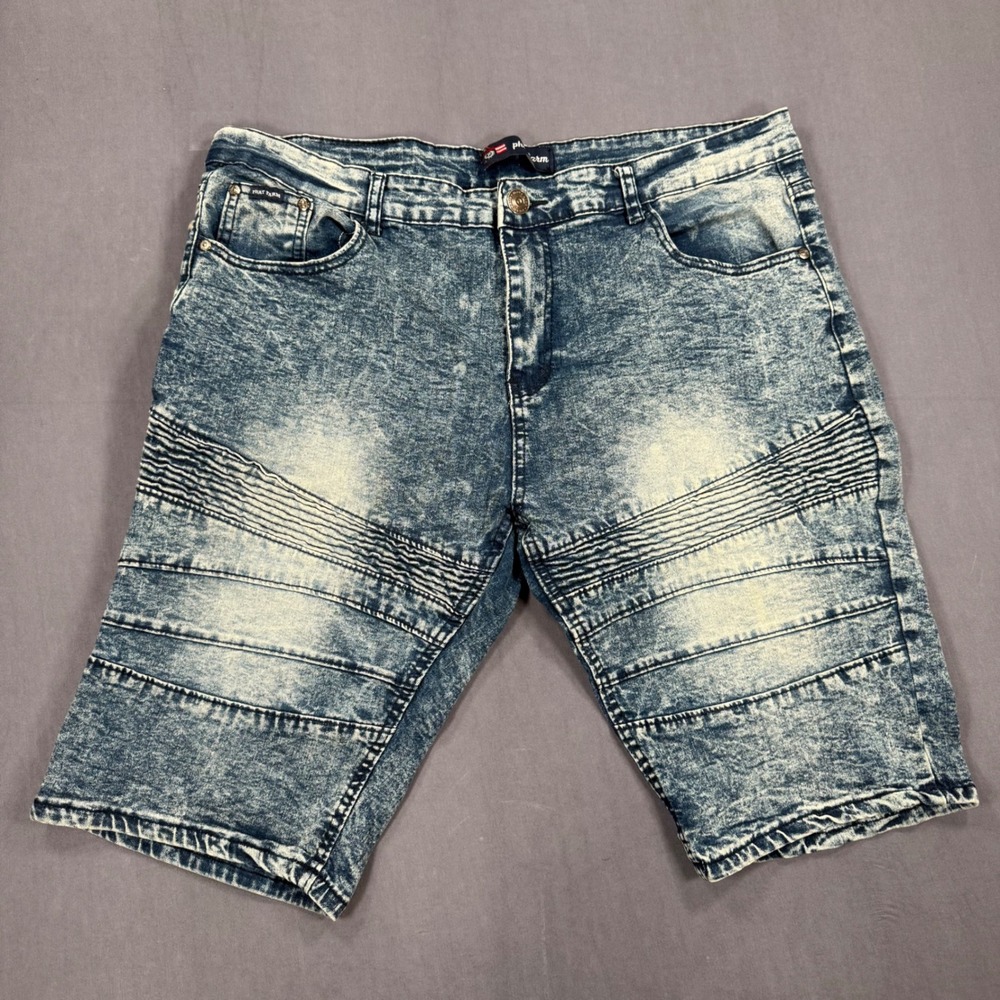 Phat Farm Mens Acid Wash Moto Denim Shorts Blue Streetwear Ribbed Thighs